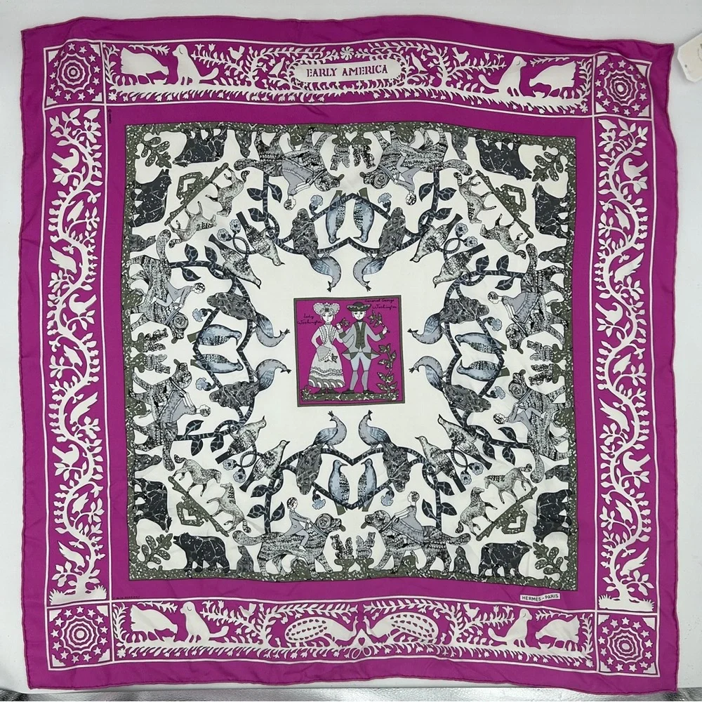 Hermes Fuchsia White Early America Printed Silk Scarf